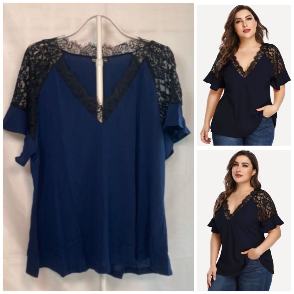 SHEIN Curve Navy Blue Lace Trim V Neck Flounce Sleeve Top Plus Size 3X 22 24